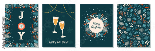 Christmas greeting cards collection. Holiday design with hand drawn winter floral elements, glasses of champagne, xmas ball. Seamless pattern.