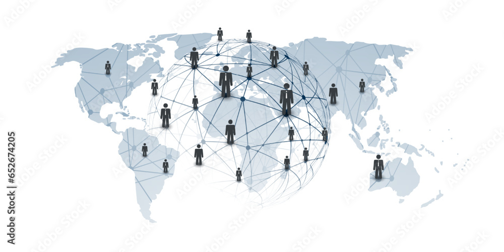 Digital Networks, IT, Global Business Connections - Team Work or Social Media Concept Design with Globe, Connected People and Transparent Polygonal Network Mesh - Template Isolated on White Background - obrazy, fototapety, plakaty 