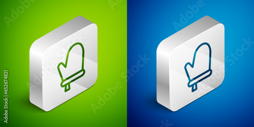 Isometric line Oven glove icon isolated on green and blue background. Kitchen potholder sign. Cooking glove. Silver square button. Vector
