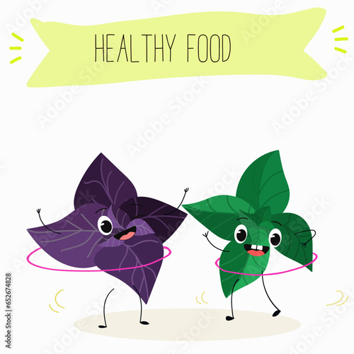 Vector cartoon character basil green and purple, funny characters. Farm fresh harvest, agricultural organic vegetables or vegetarian products, herbs, seasoning.