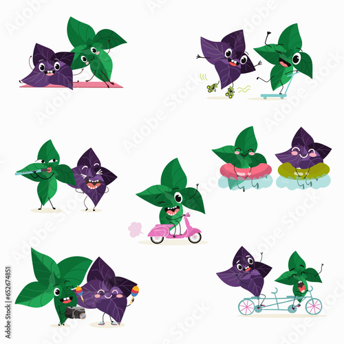 Vector set of funny fresh herbs purple basil and green basil, funny characters doing sports, playing musical instruments.