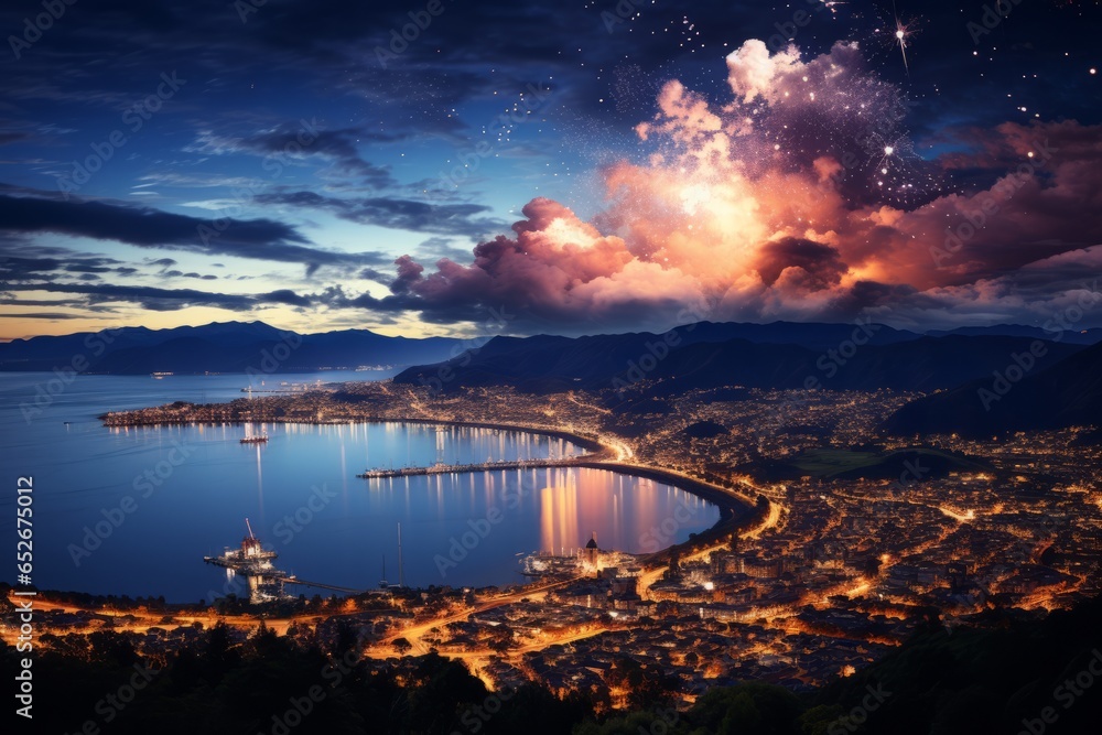 Fireworks show over a scenic mountain landscape, Generative AI