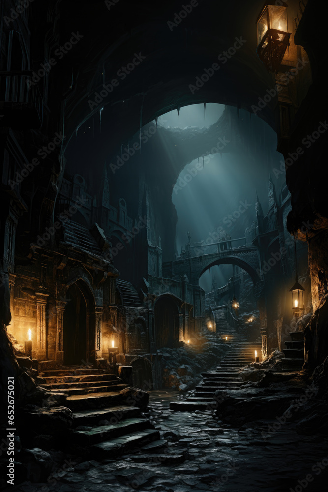 Concept Art: Fantasy Dungeon Landscape, Video Game Environment, RPG, Generative AI - obrazy, fototapety, plakaty 