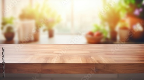 Wooden table top on blur kitchen room background.