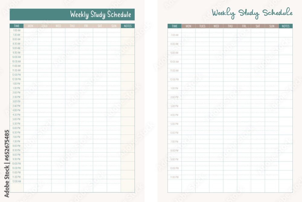 Set of weekly study schedule templates Set of weekly study schedule templates
