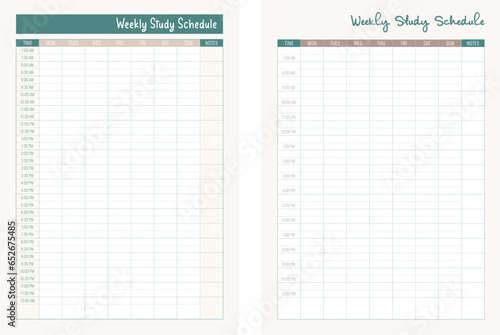 Set of weekly study schedule templates