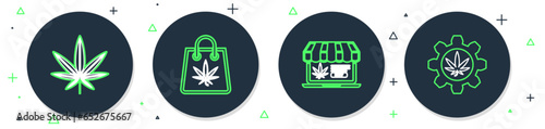 Set line Shopping bag of marijuana, Online buying, Marijuana or cannabis leaf and Test tube with icon. Vector