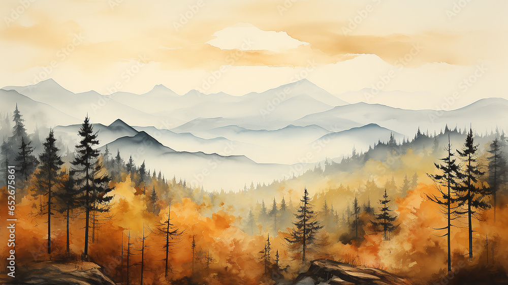 Obraz premium illustration autumn in the mountains blurred abstract watercolor background in white light and yellow, golden tones of Indian summer
