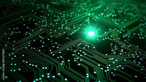 green microelectronics, microchip computer printed circuit board electronic chip, abstract fictional background