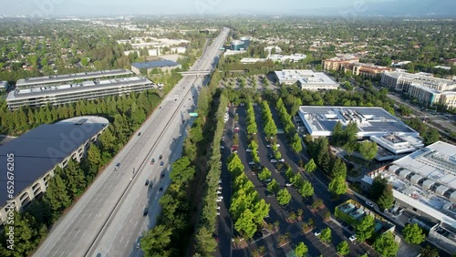 Cupertino Aerial View Of Junipero Serra Freeway Interstate 280 Near Apple Headquarters 'Spaceship' with Urban Business District in San Jose on a Beautiful Sunny Day from Above.