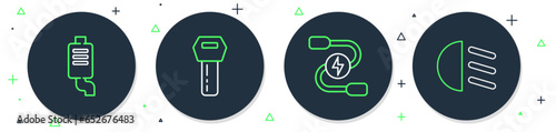 Set line Car key with remote, battery jumper power cable, muffler and High beam icon. Vector