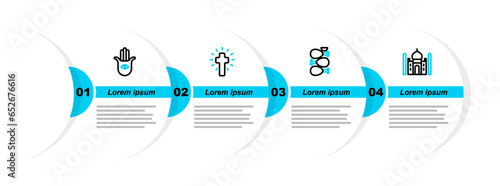 Set line Taj Mahal, Tandoori chicken, Christian cross and Hamsa hand icon. Vector