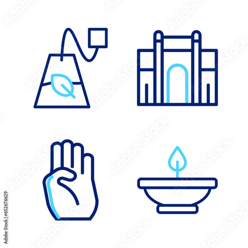 Set line Aroma lamp, Indian symbol hand, Gate in Delhi and Tea bag icon. Vector