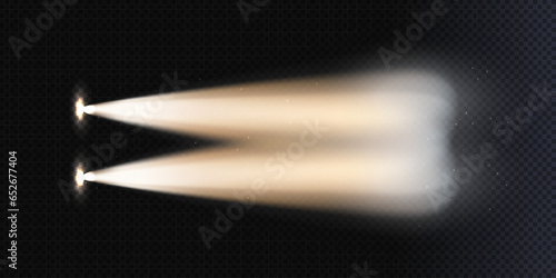 Car headlight top view concept isolated on a dark, transparent background. White flares of car lights have a realistic effect on a nighttime road top view vector illustration.