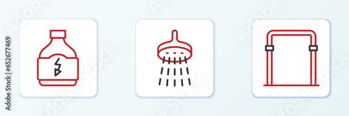 Set line Sport horizontal bar, Sports nutrition and Shower icon. Vector
