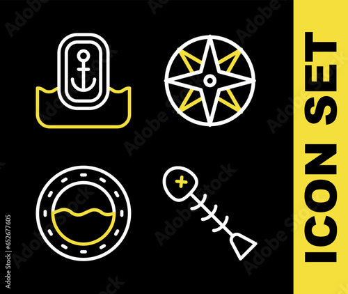 Set line Wind rose, Dead fish, Ship porthole and Location with anchor icon. Vector