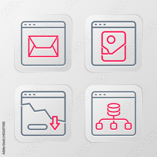 Set line Server, Data, Financial growth decrease, Photo retouching and Website and mail icon. Vector