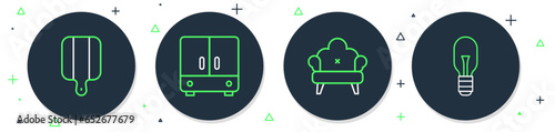 Set line Wardrobe, Sofa, Cutting board and Light bulb icon. Vector