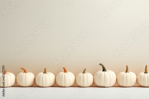 Pumpkin minimal background. White pumpkins on white backdrop with copy space top.