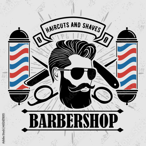 Barbershop logo, poster or banner design concept with barber pole and bearded men. Vector illustration