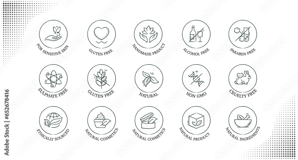 Explore a set of icons representing ethical and natural products designed for sensitive skin. From gluten-free and alcohol-free to cruelty-free and handmade products. Explore a set of icons representing ethical and natural products designed for sensitive skin. From gluten-free and alcohol-free to cruelty-free and handmade products.