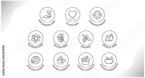 Discover icons representing clean and responsible cosmetics. These symbols signify products sourced ethically, free from cruelty, GMOs, and harsh sulfates.