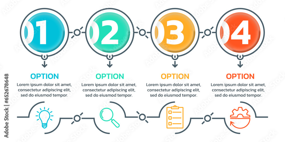 4 steps, option infographic with business icons. Process diagram, timeline info graphic design elements. Modern layout, flow chart with five numbers template. Vector illustration. 4 steps, option infographic with business icons. Process diagram, timeline info graphic design elements. Modern layout, flow chart with five numbers template. Vector illustration.