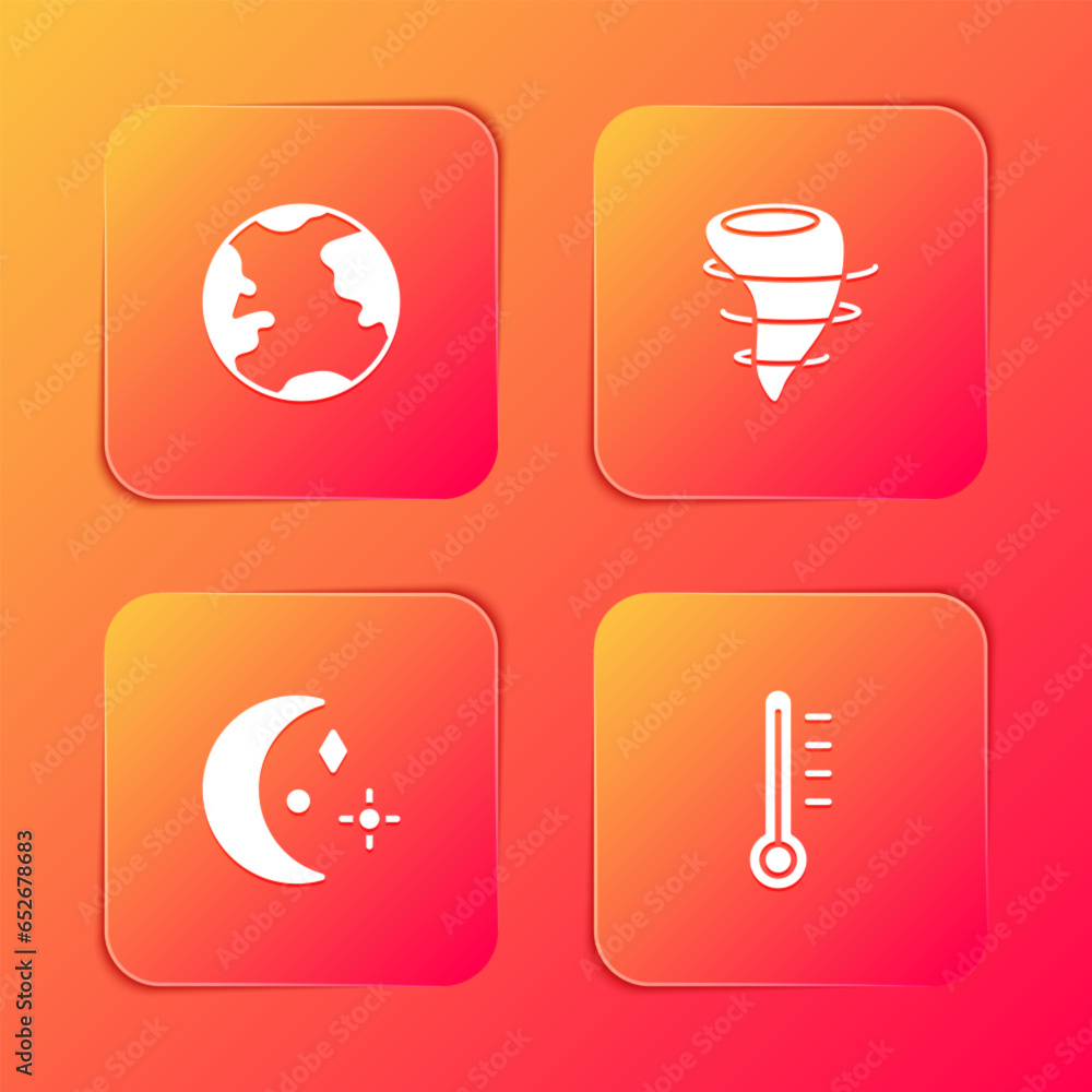 Set Earth globe, Tornado, Moon and stars and Meteorology thermometer icon. Vector Set Earth globe, Tornado, Moon and stars and Meteorology thermometer icon. Vector