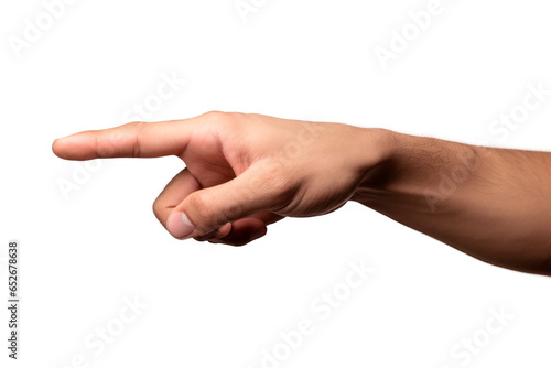 Studio photography of caucasian male hand performing point gesture, transparent PNG