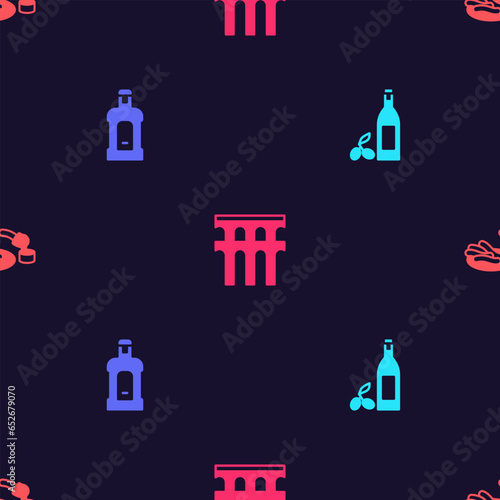 Set Bottle of olive oil, Orujo, Aqueduct Segovia and Churros and chocolate on seamless pattern. Vector