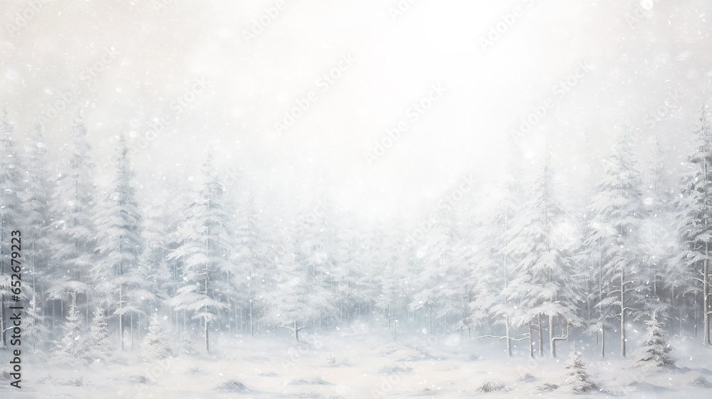 winter background, landscape in snowfall, trees in the forest nature view in cold weather, white abstract seasonal nature background january calendar