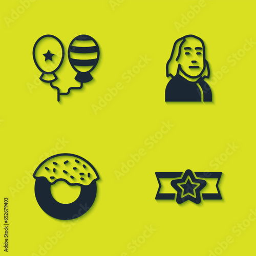 Set Balloons, Star American military, Donut and Benjamin Franklin icon. Vector