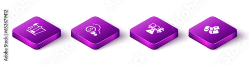 Set Isometric Drop in crude oil price, Dollar rate decrease, Stop delivery cargo truck and Credit card icon. Vector