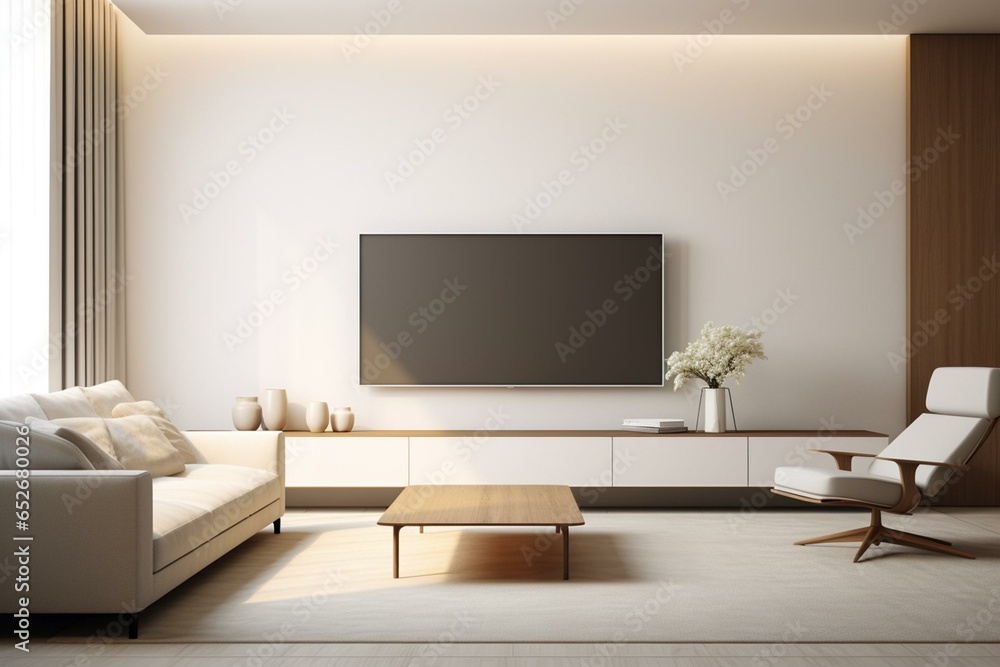 Obraz premium Minimal living room with white wall, armchair, and TV cabinet. Generative AI
