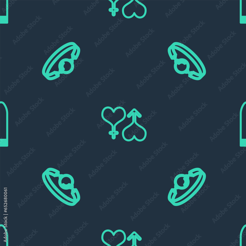 Set line Male and female heart, Silicone ball gag and Dildo vibrator on seamless pattern. Vector