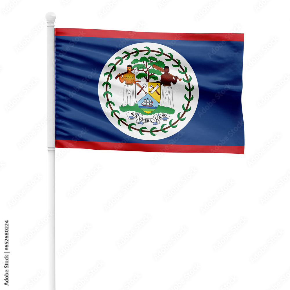 Belize flag isolated on cutout background. Waving the Belize flag on a white metal pole.