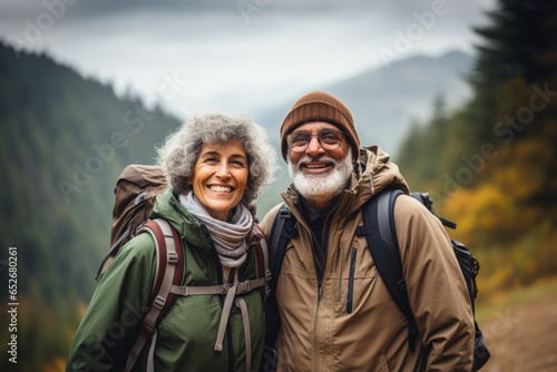 Portrait of Senior Couple Mountain Adventure Joy - Smiling Senior Couple's Trek