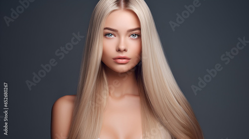 Fashionable blonde woman with straight long shiny hair on a dark blue background with copy space. Beauty, health and hair care. Hair product advertising concept. © Tetiana