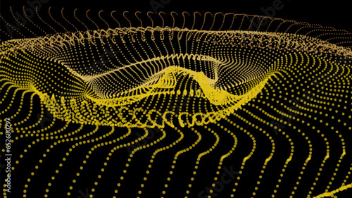 Energy net flows. Dot particle lines penetrating fog. Neon lights plexus of knots. Curved node row space infinity. Linking funnel universe parameters. Background information technology presentation.