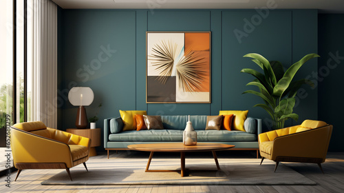 Wallpaper Mural Mid century interior design for a modern living room featuring an elegant sofa, framed artwork, a table, and various accessories Torontodigital.ca