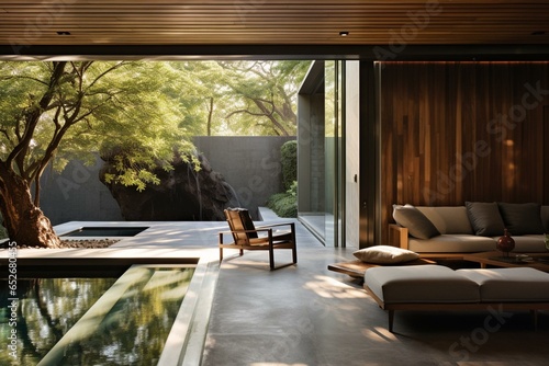 Peaceful and refined: glimpse inside a contemporary dwelling featuring a central pool. Generative AI © David