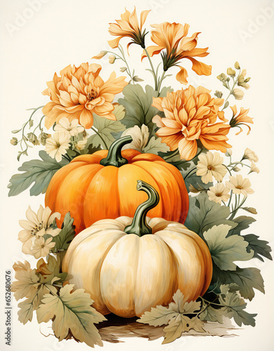 Pumpkin arrangement watercolor style print with gilded edges