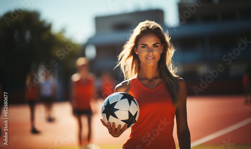 Female soccer football player in sportwear with the ball.Excitement. Young female soccer or football players in sportwear kicking ball for the goal in action at the stadium. Concept of healthy © annebel146