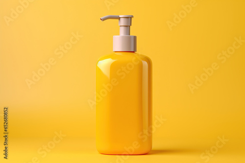 Soap dispenser on a yellow background. The concept of hygiene and care