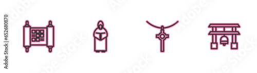 Set line Decree, paper, parchment, scroll, Christian cross on chain, Monk and Japan Gate icon. Vector