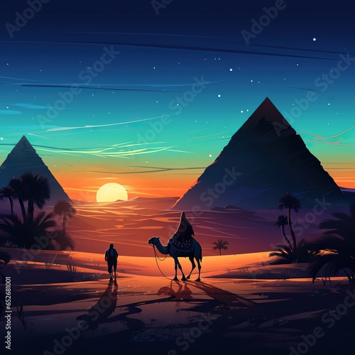Bedouins walk to Egypt pyramids on camel at night