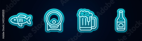Set line Dried fish, Wooden barrel on rack, beer mug and Beer bottle. Glowing neon icon. Vector