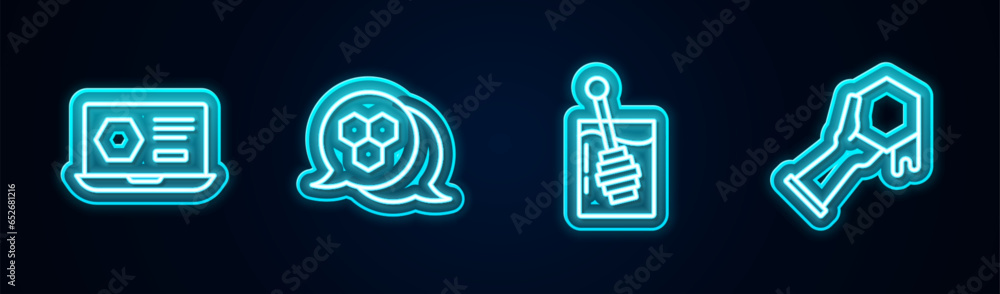 Set line Honey online service, Honeycomb, dipper stick and and hand. Glowing neon icon. Vector Set line Honey online service, Honeycomb, dipper stick and and hand. Glowing neon icon. Vector