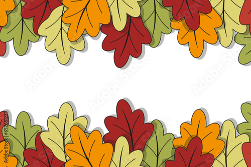 Design of Autumn background with autumn leaves on transparent backdrop with Copy space. Seasonal autumn background with long horizontal border oak leaf. Vector illustration.