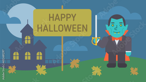 Happy Halloween composition vampire holding saber and smiling